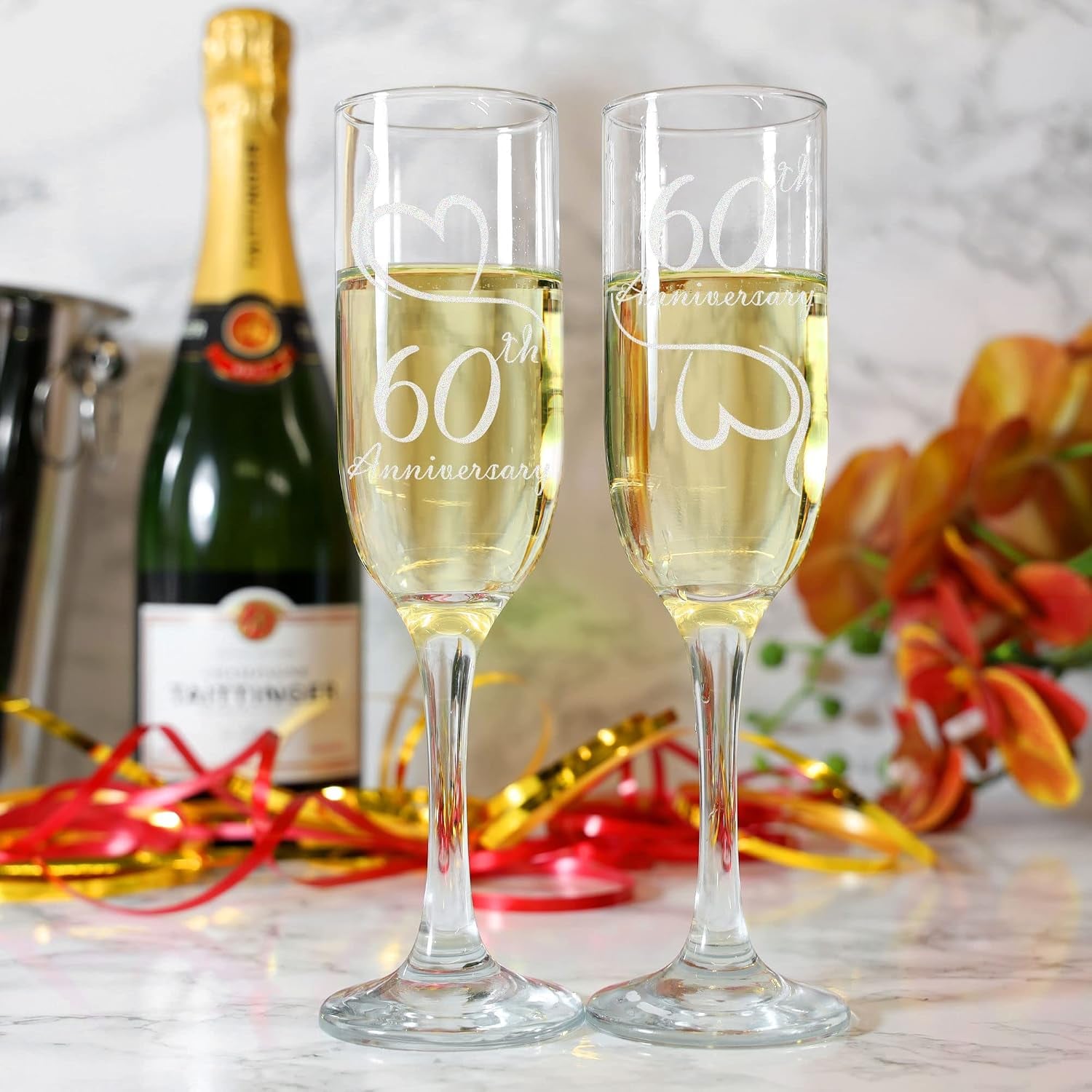 60th Anniversary Engraved Champagne Flutes (Set of 2), detail view