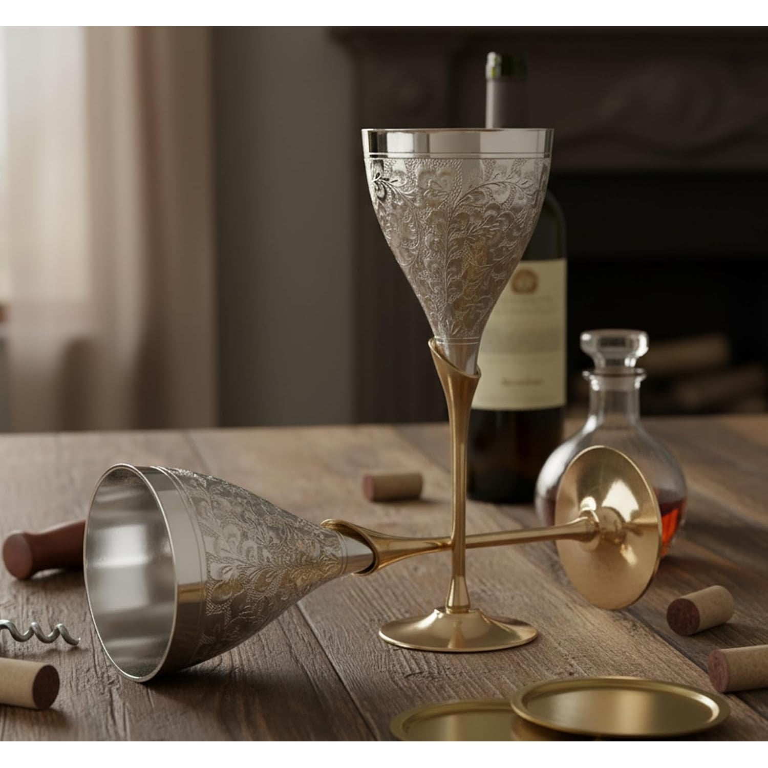 Engraved Brass Goblets, Set of 2, detail view