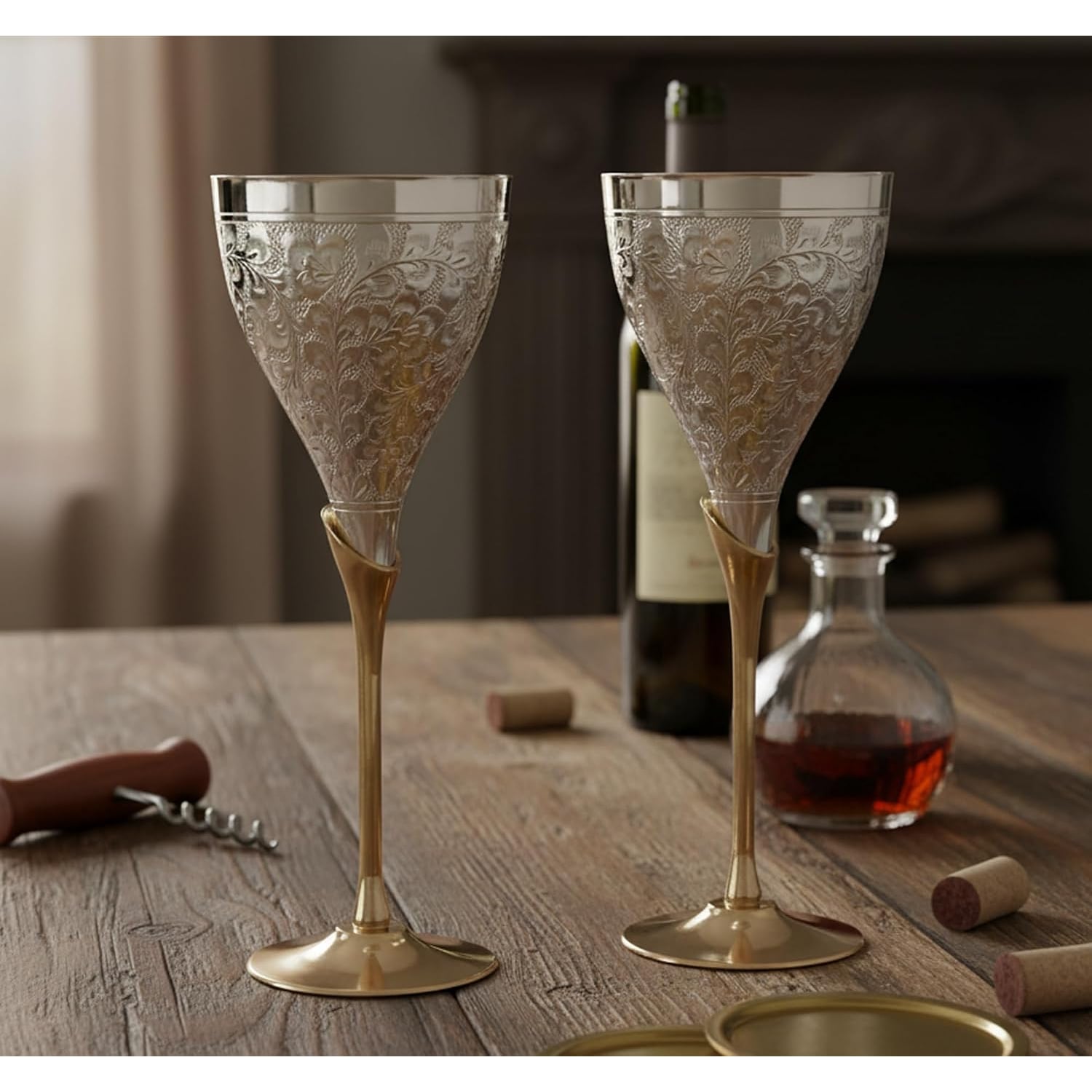 Engraved Brass Goblets, Set of 2, detail view