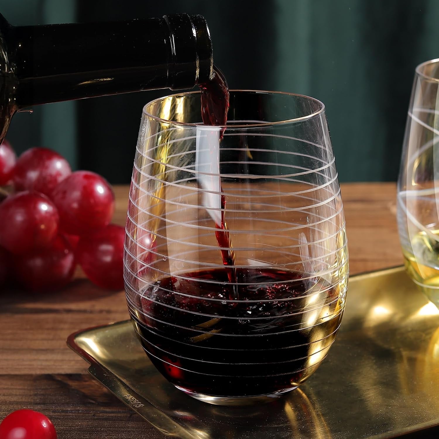 Etched Stemless Wine Glasses, Set of 4