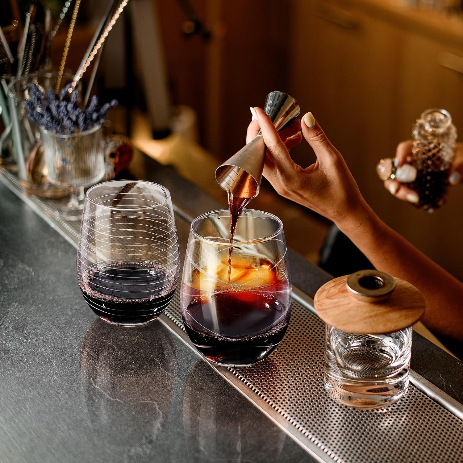 Etched Stemless Wine Glasses, Set of 4