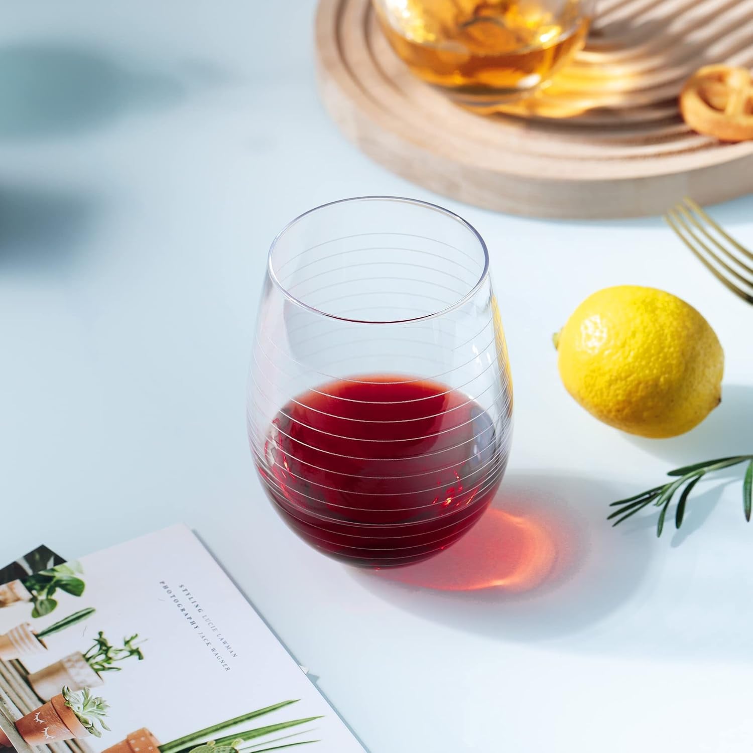 Etched Stemless Wine Glasses, Set of 4
