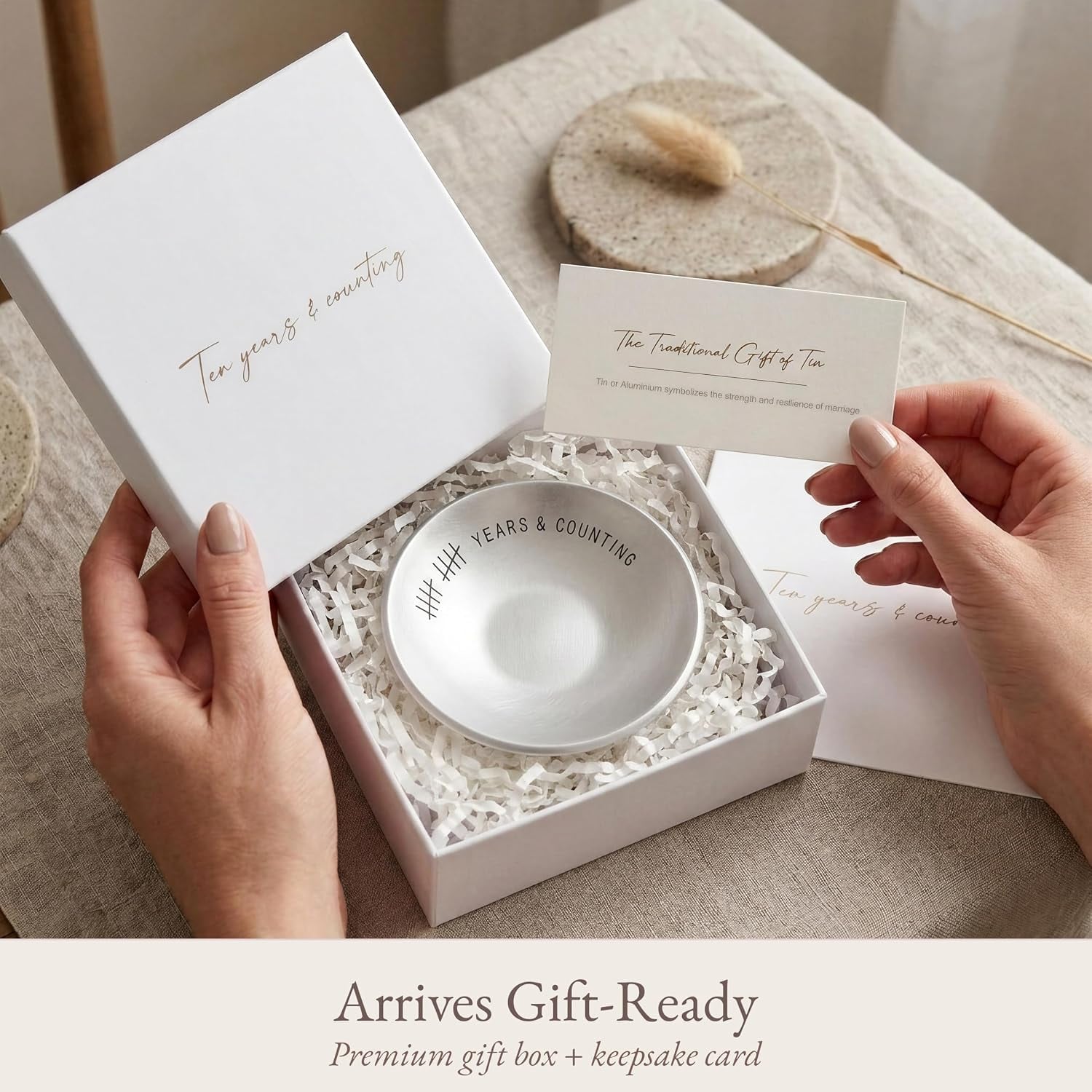 10 Years & Counting Engraved Aluminium Ring Dish: image 3