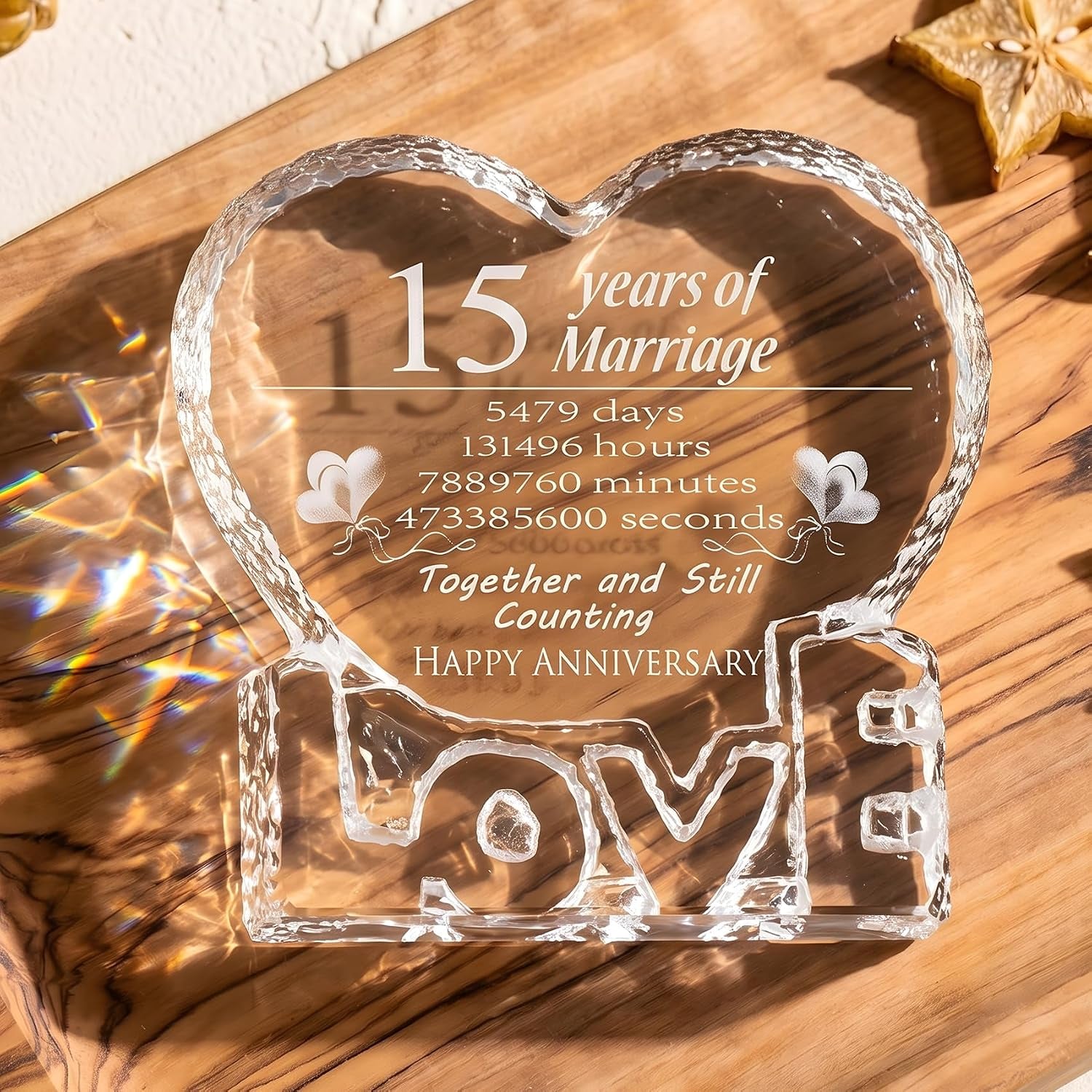 15 Years of Marriage Engraved Crystal Heart Keepsake