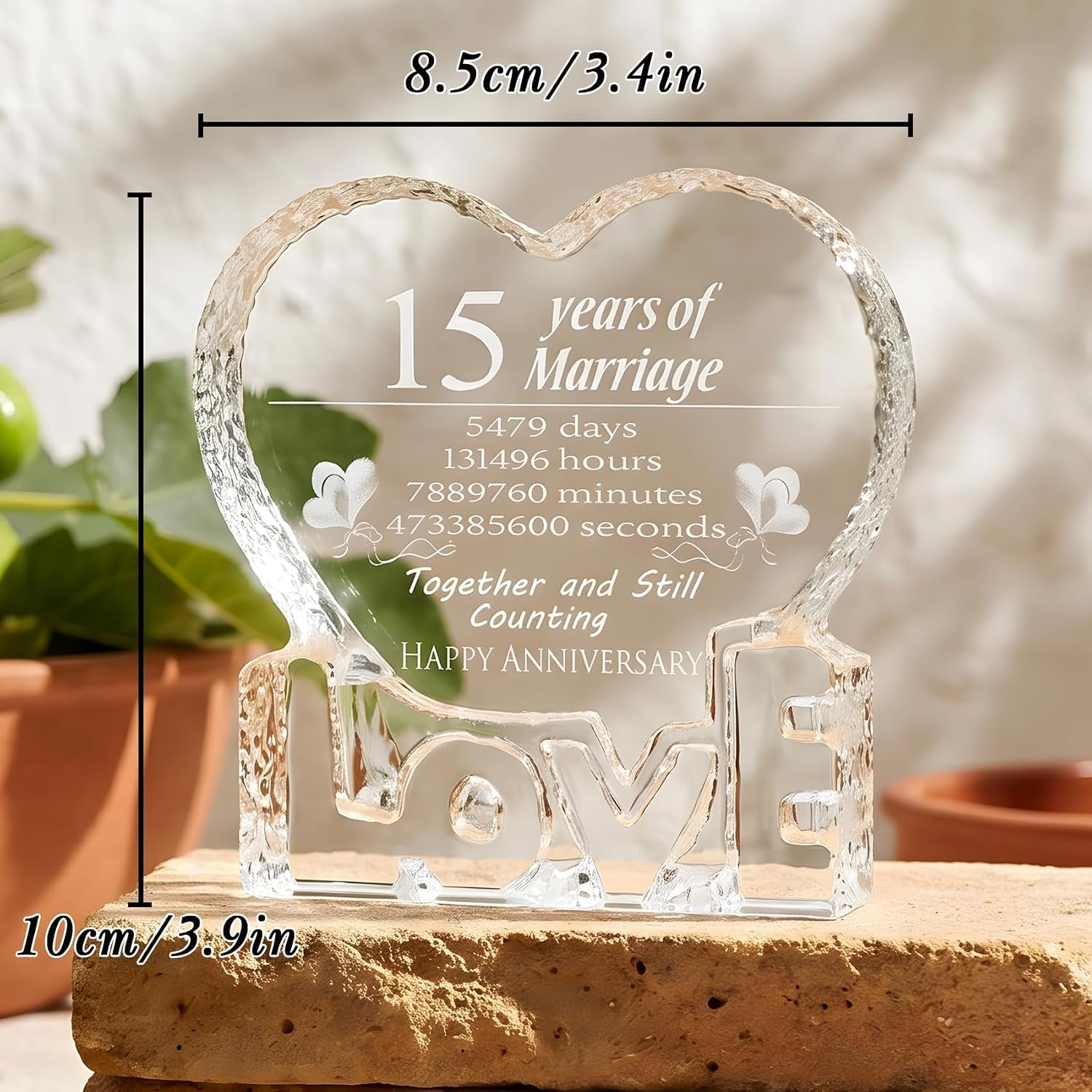 15 Years of Marriage Engraved Crystal Heart Keepsake