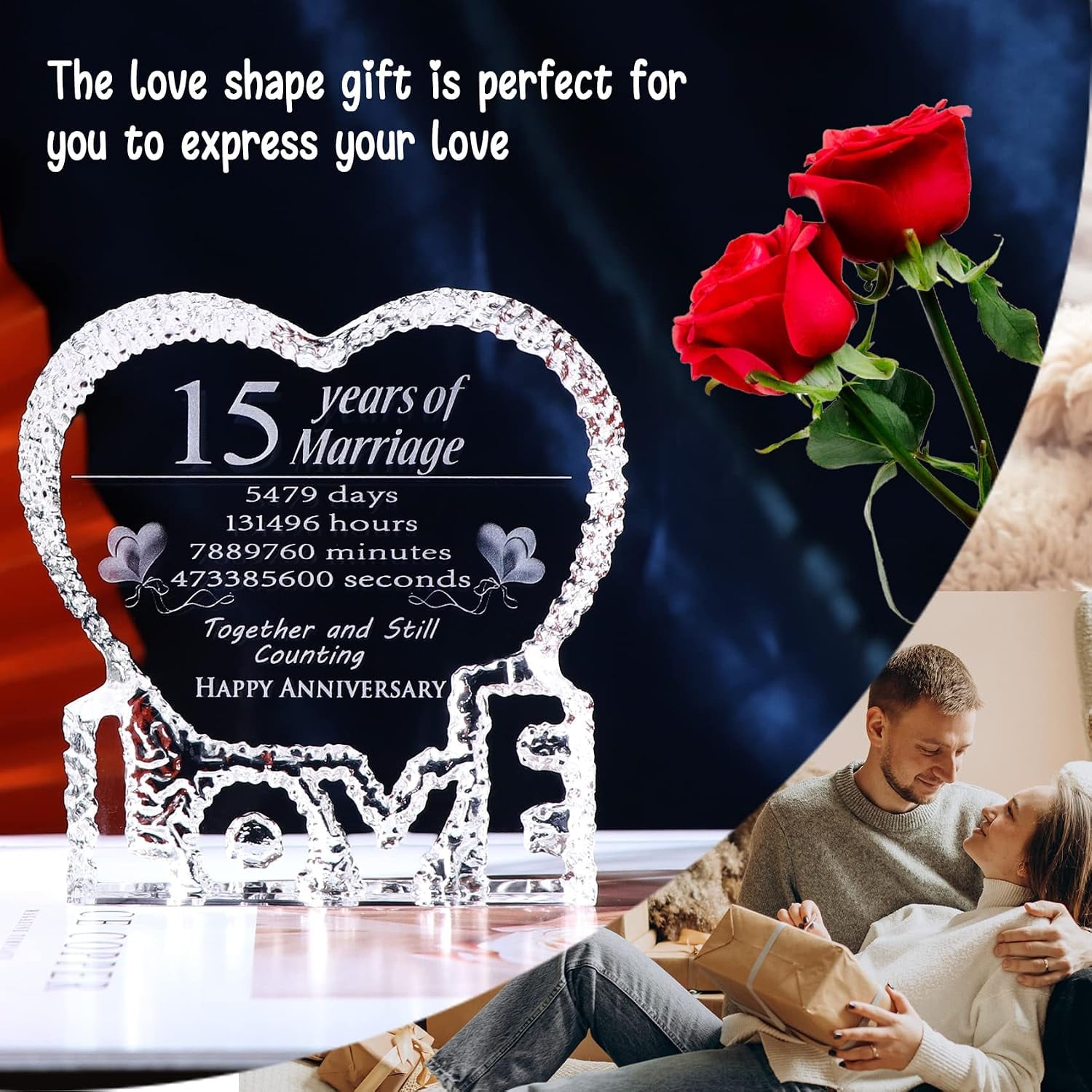 15 Years of Marriage Engraved Crystal Heart Keepsake