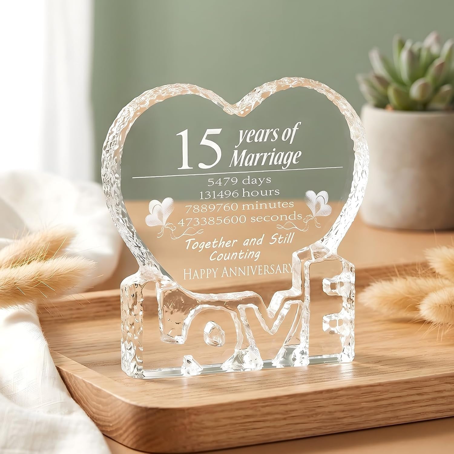 15 Years of Marriage Engraved Crystal Heart Keepsake