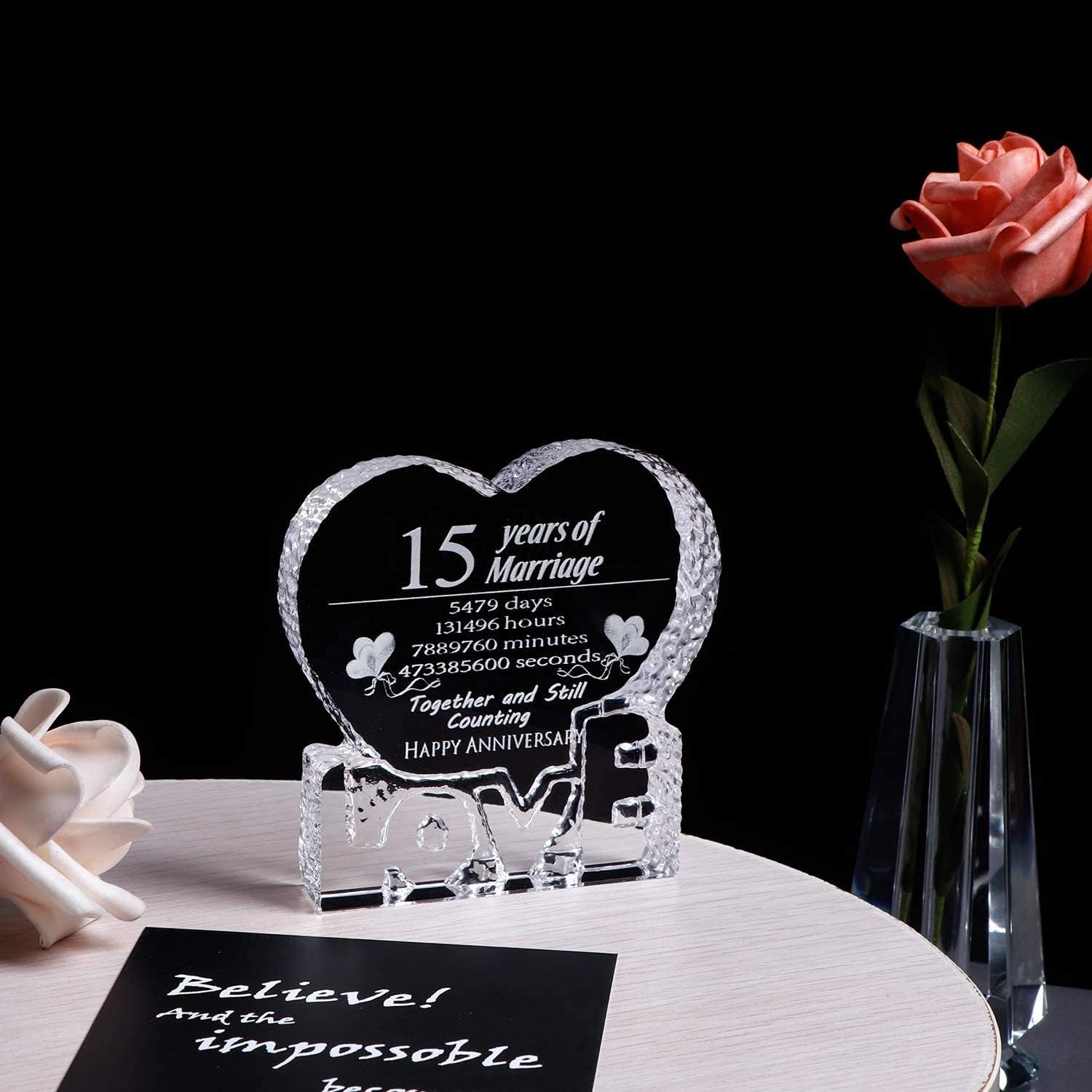 15 Years of Marriage Engraved Crystal Heart Keepsake