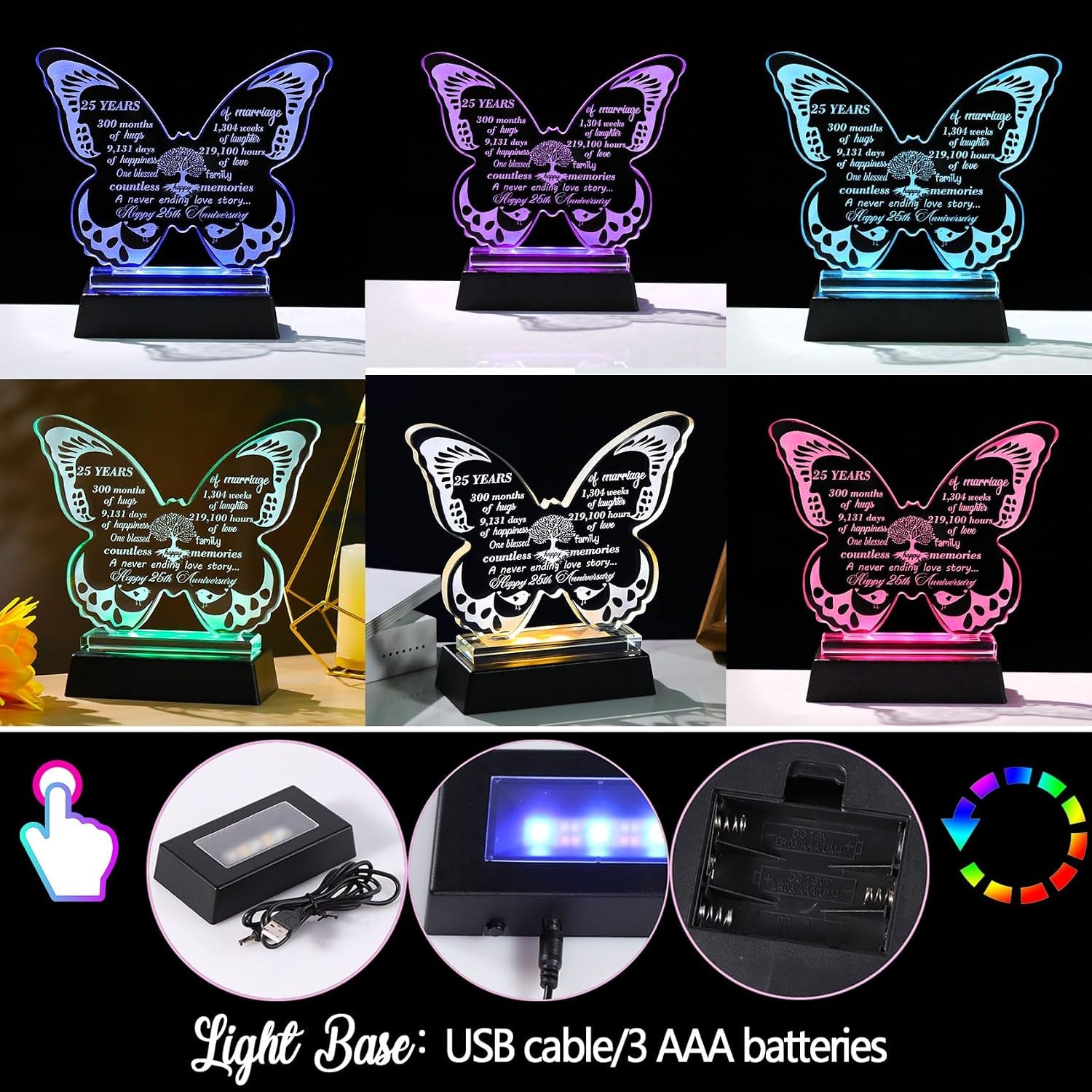 25th Anniversary Engraved Crystal Butterfly with Colour-Changing Light Base: image 2