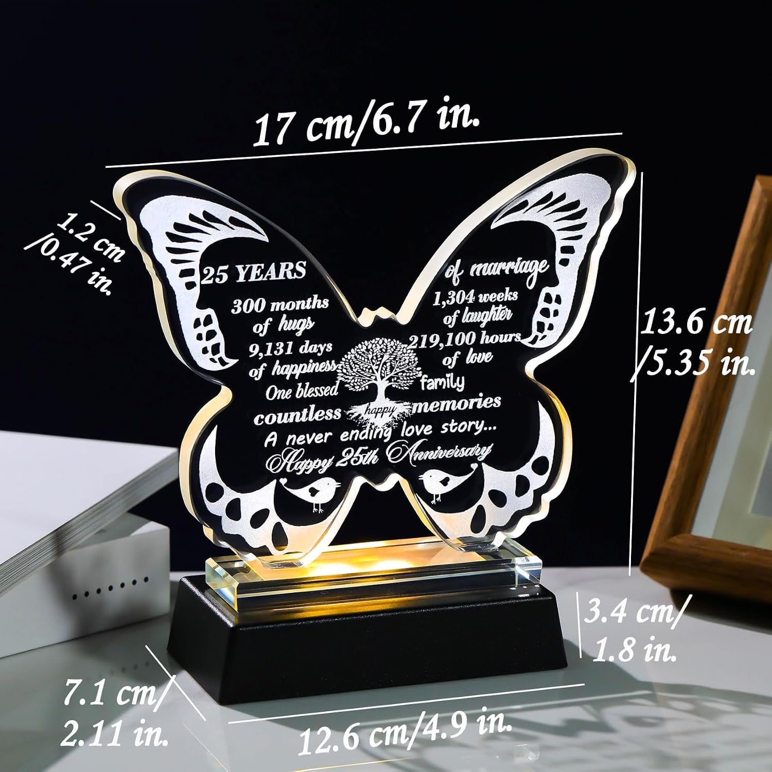 25th Anniversary Engraved Crystal Butterfly with Colour-Changing Light Base: image 3