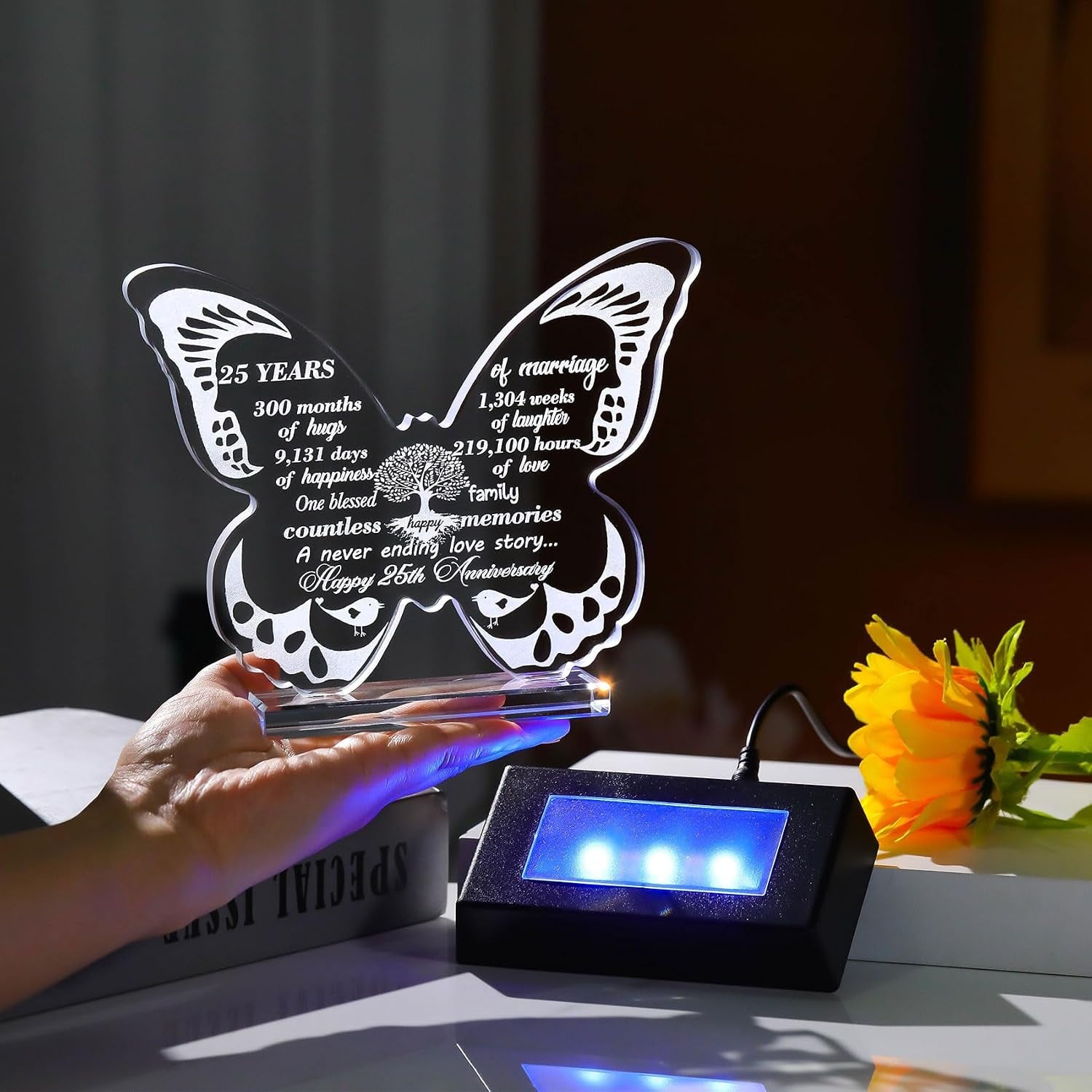 25th Anniversary Engraved Crystal Butterfly with Colour-Changing Light Base: image 4