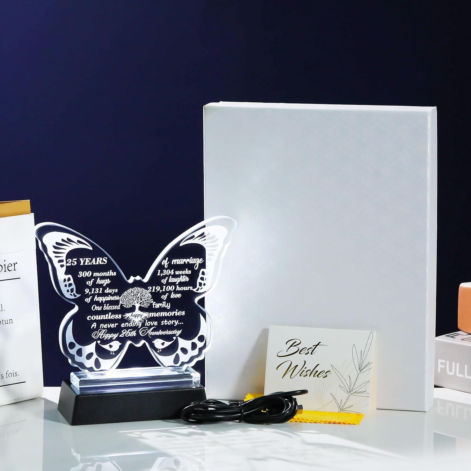 25th Anniversary Engraved Crystal Butterfly with Colour-Changing Light Base: image 5