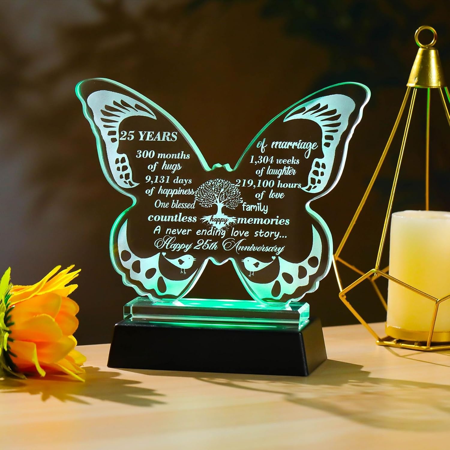 25th Anniversary Engraved Crystal Butterfly with Colour-Changing Light Base: image 6