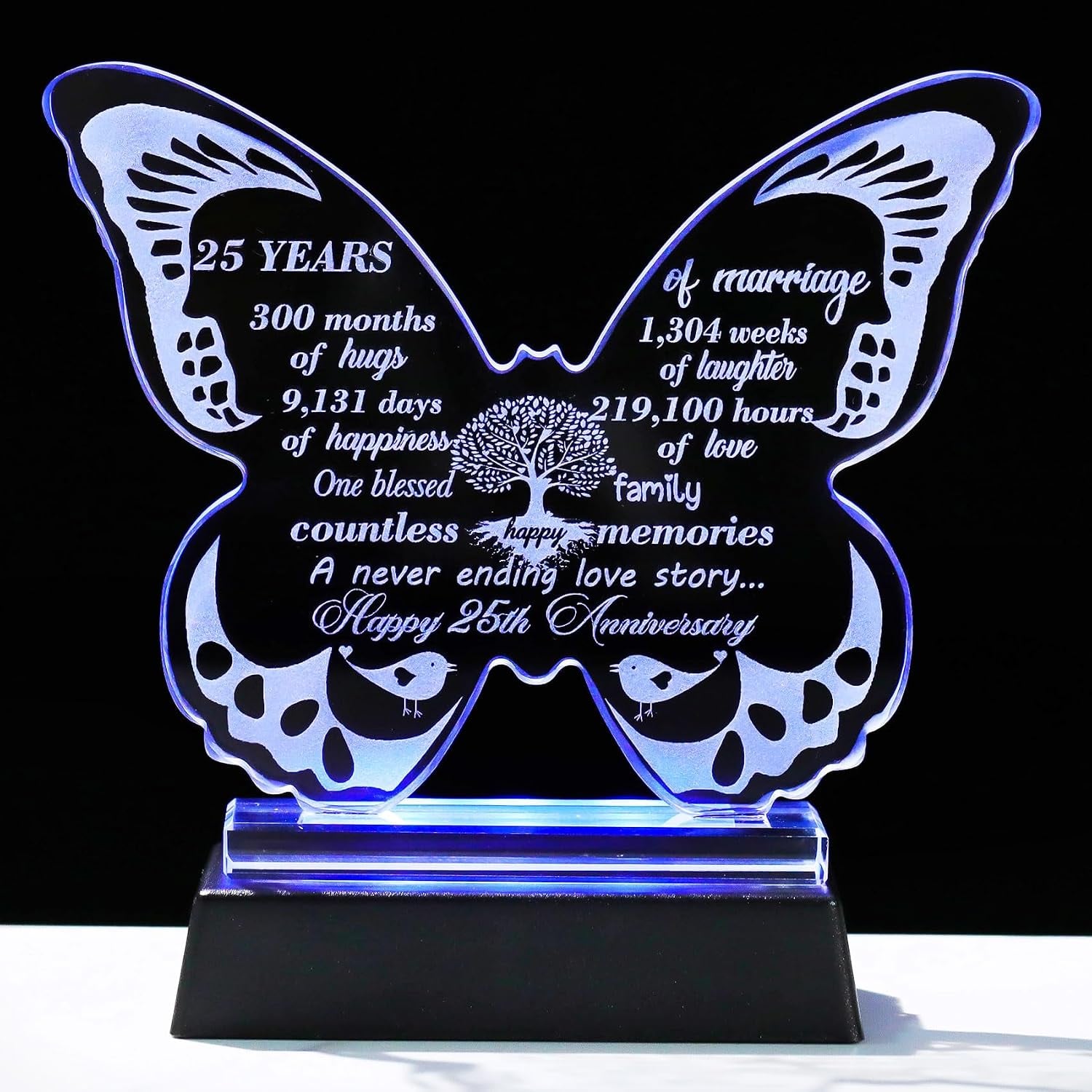 25th Anniversary Engraved Crystal Butterfly with Colour-Changing Light Base