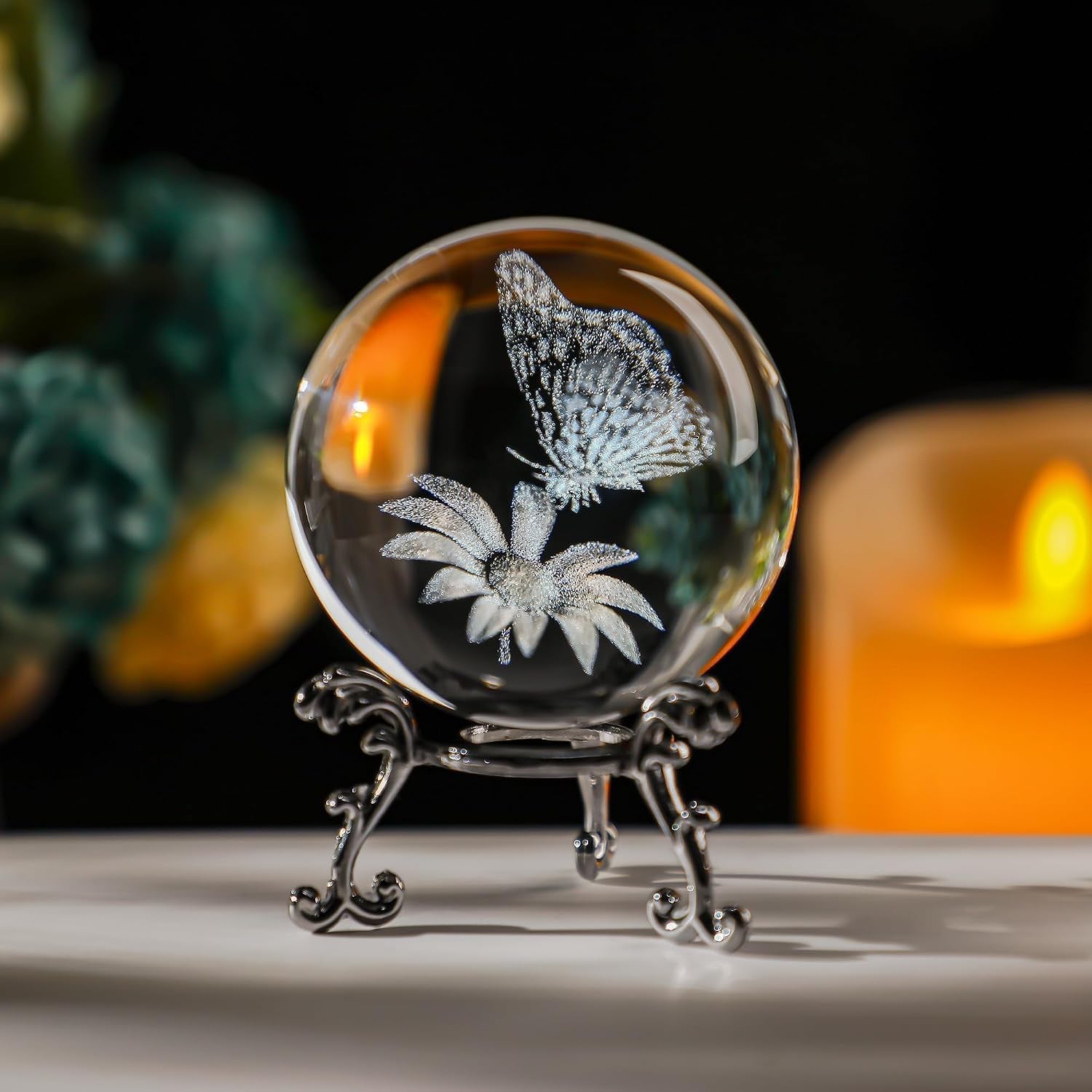 Butterfly Engraved Crystal Ball with Stand: image 5