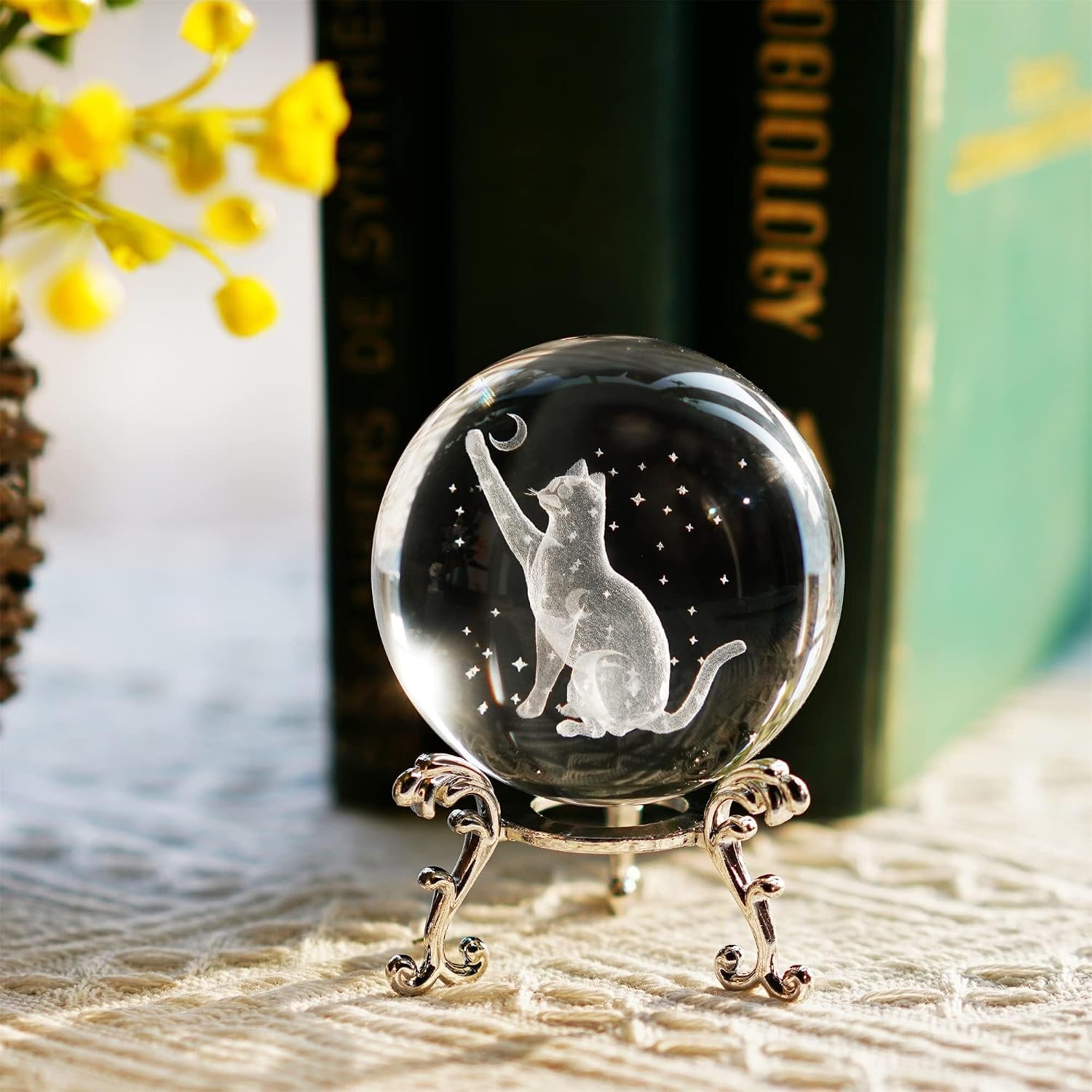 Cat Engraved Crystal Ball with Metal Stand: image 2