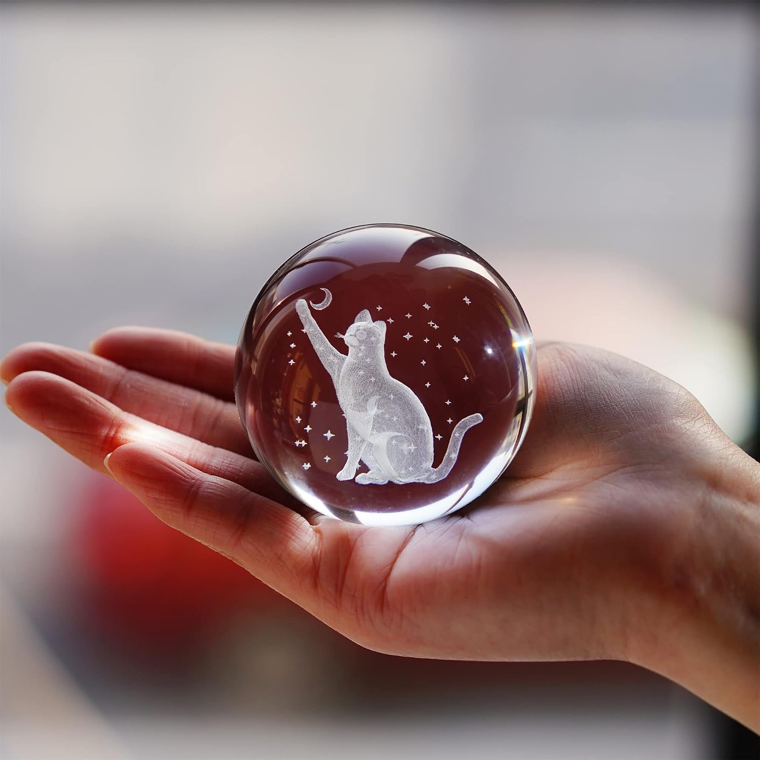 Cat Engraved Crystal Ball with Metal Stand: image 3
