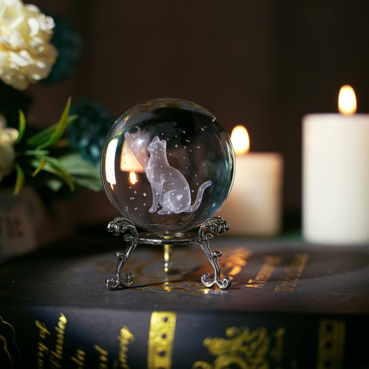 Cat Engraved Crystal Ball with Metal Stand: image 4