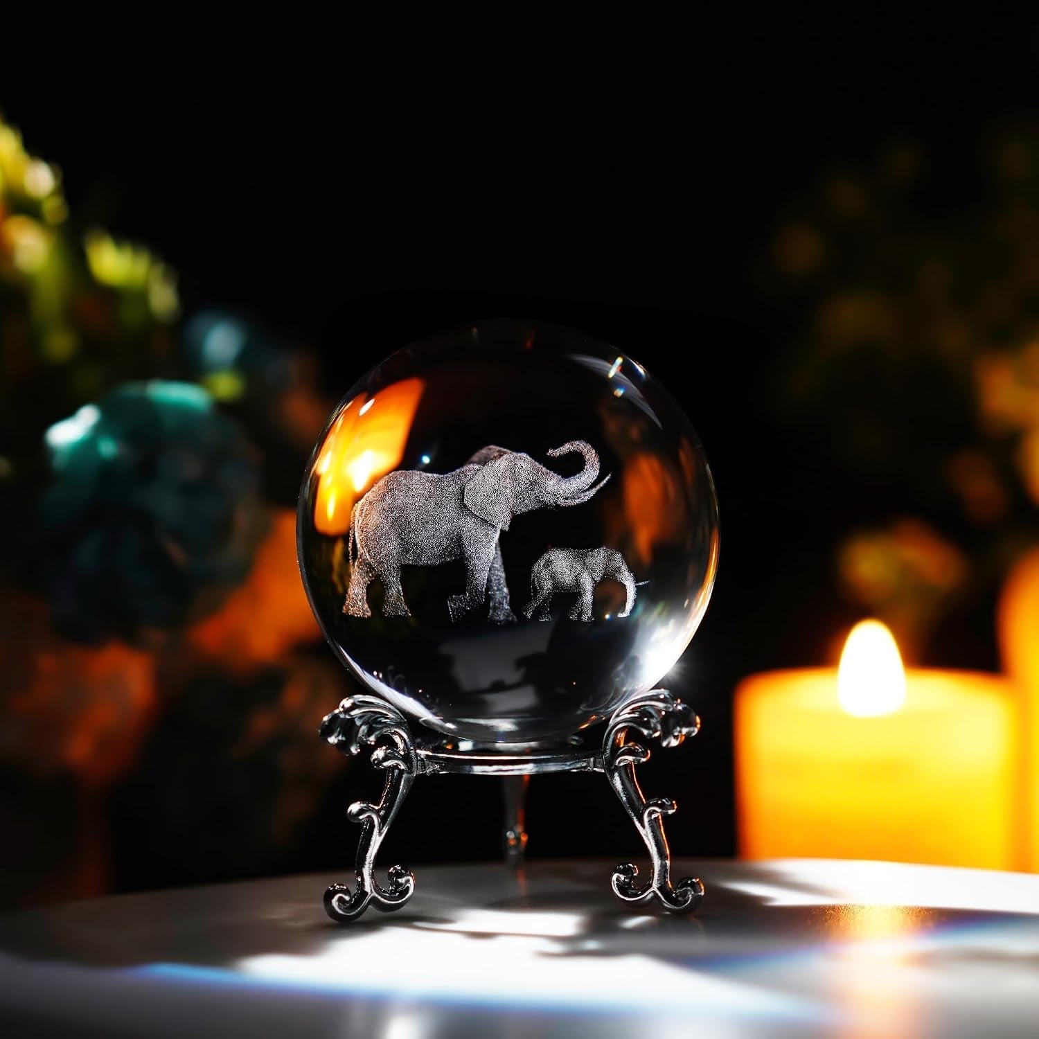 Elephants Engraved Crystal Ball with Metal Stand