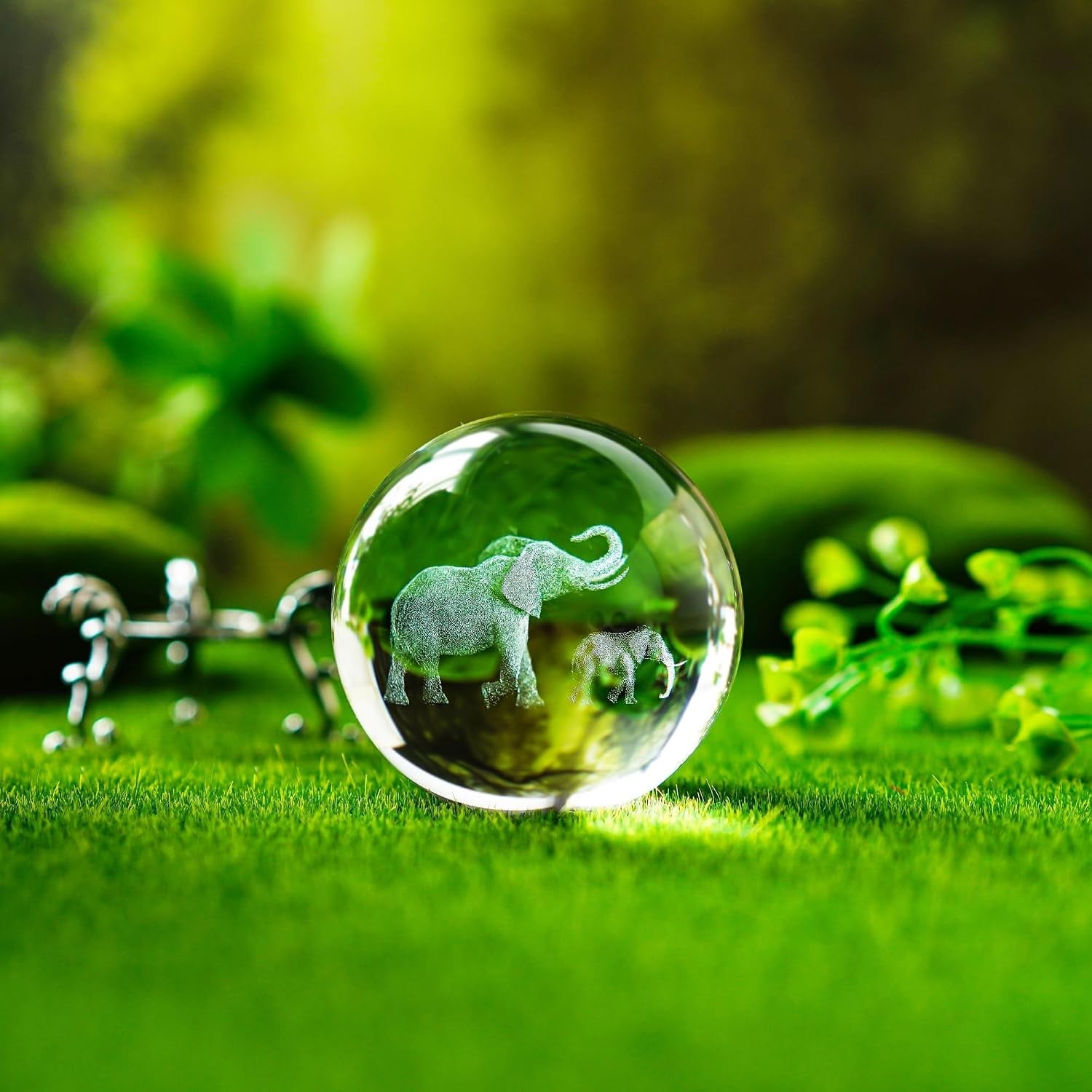 Elephants Engraved Crystal Ball with Metal Stand