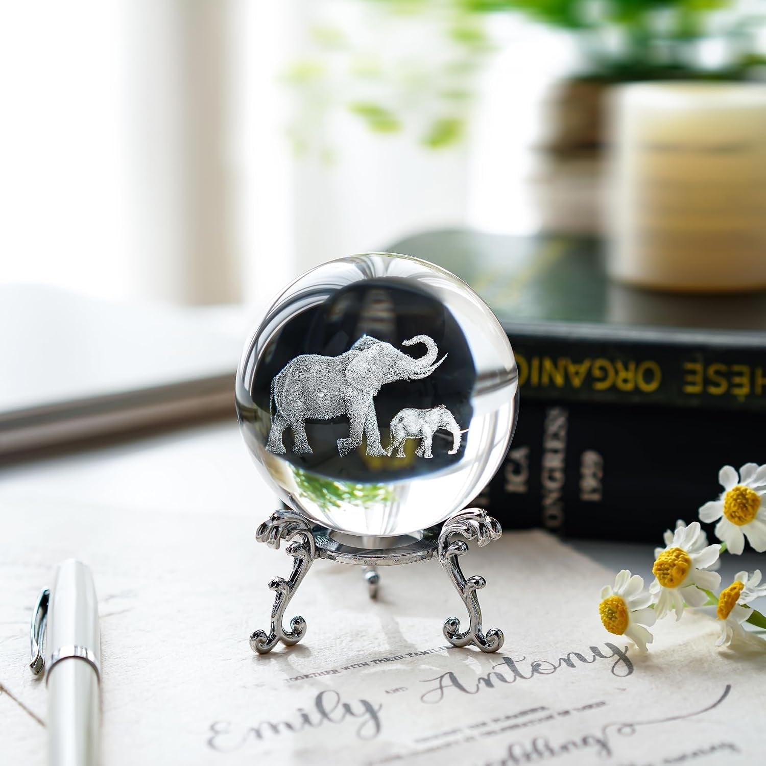 Elephants Engraved Crystal Ball with Metal Stand