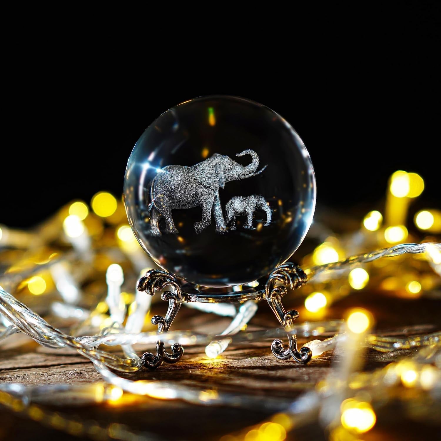 Elephants Engraved Crystal Ball with Metal Stand