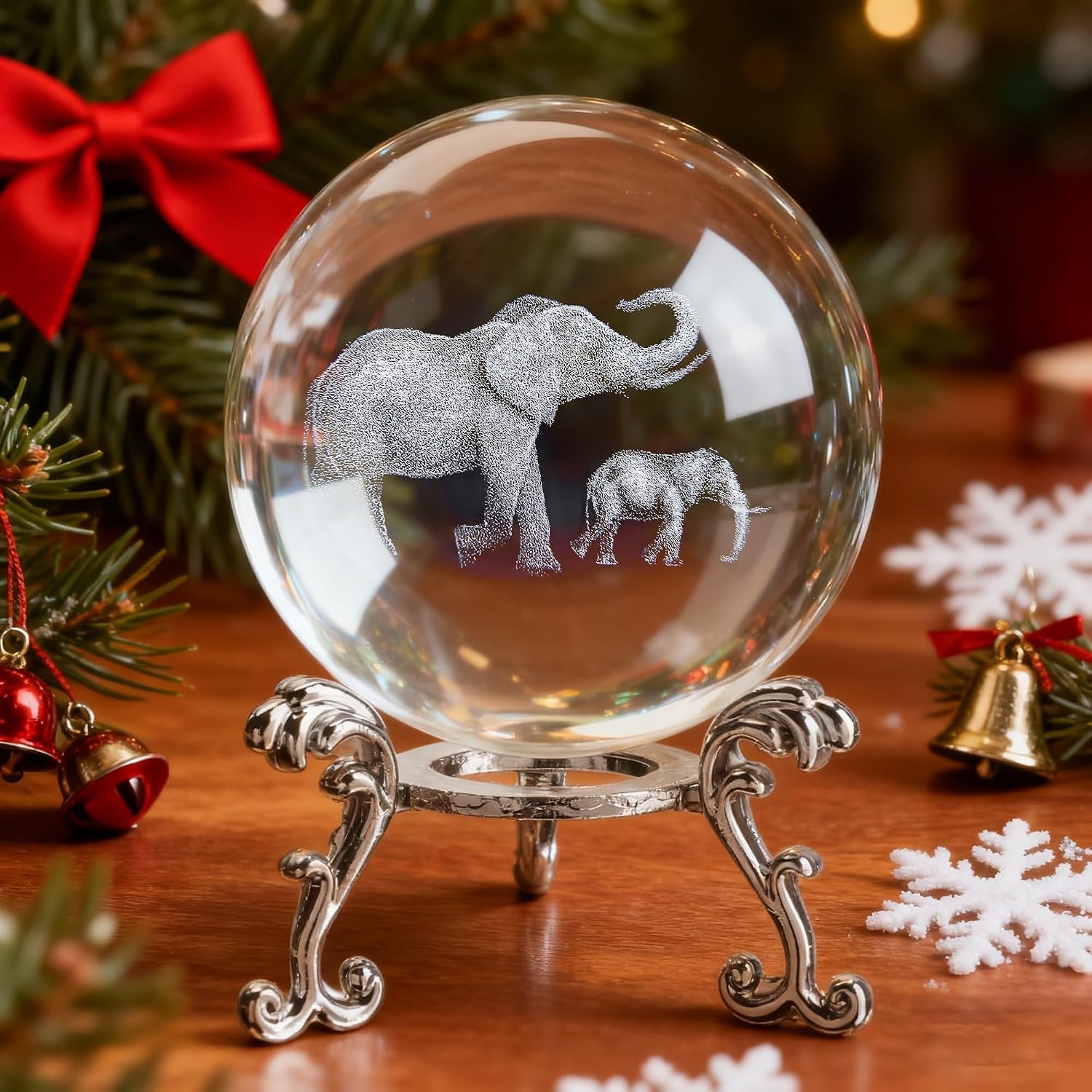 Elephants Engraved Crystal Ball with Metal Stand
