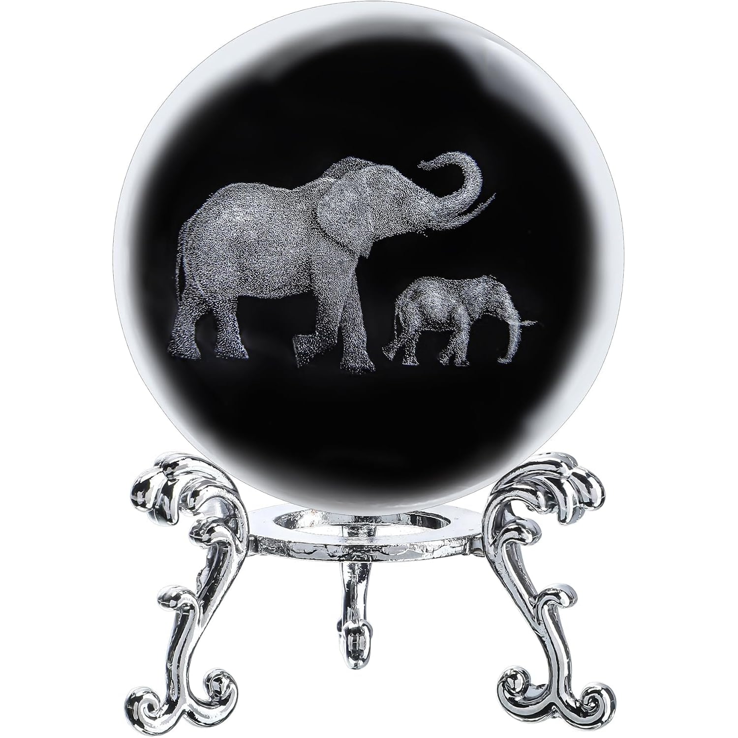 Elephants Engraved Crystal Ball with Metal Stand