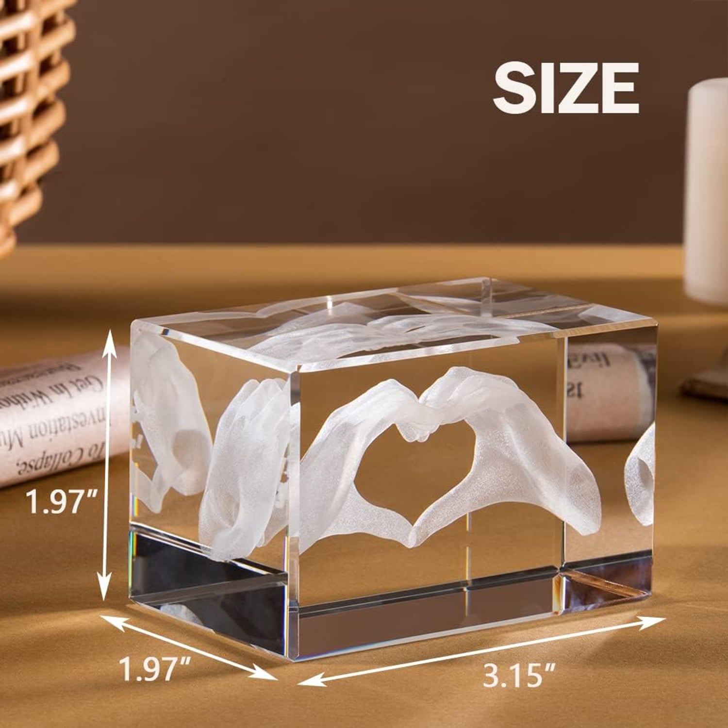 Heart Hands Engraved Crystal Cube: image 2