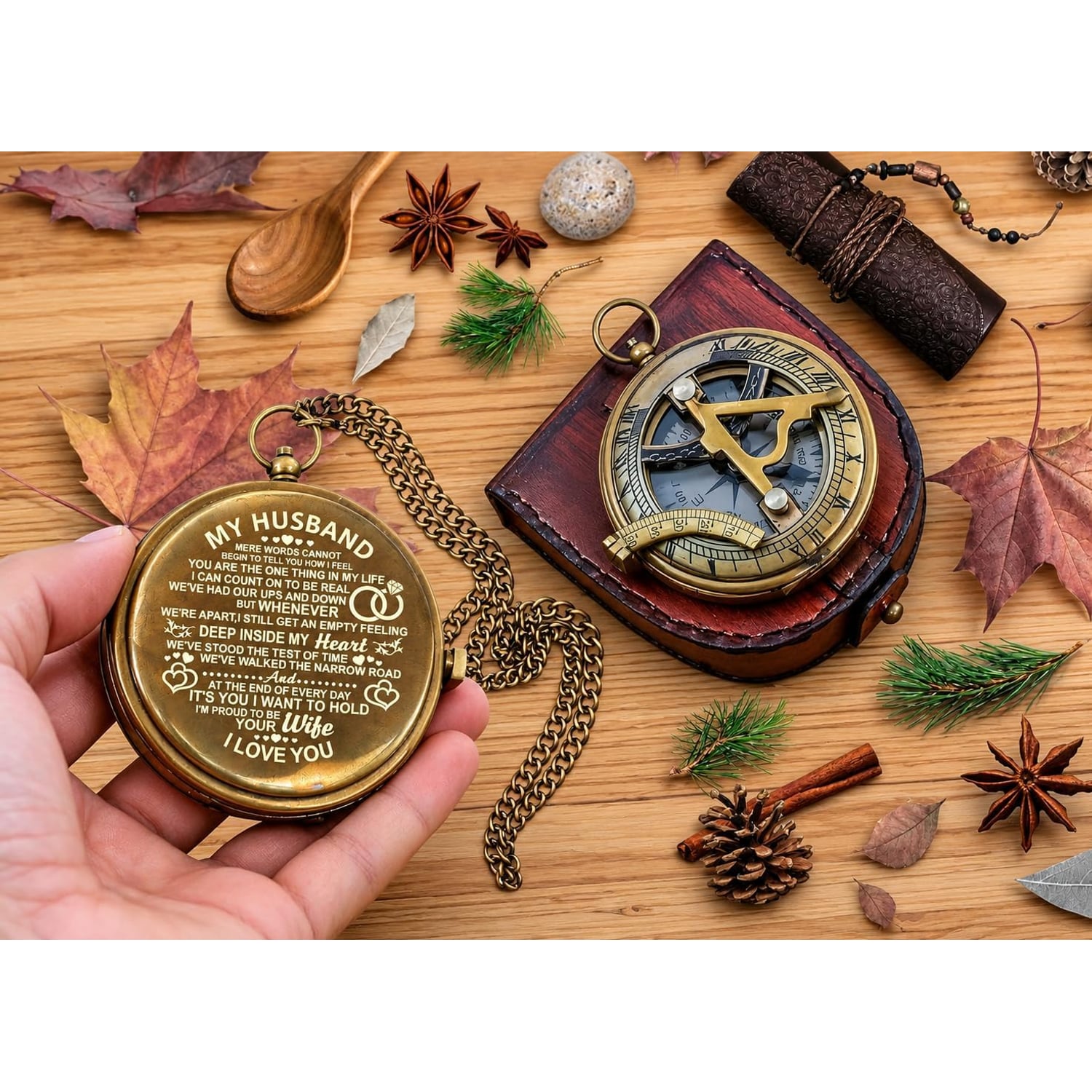 My Husband Engraved Sundial Compass with Leather Case: image 2