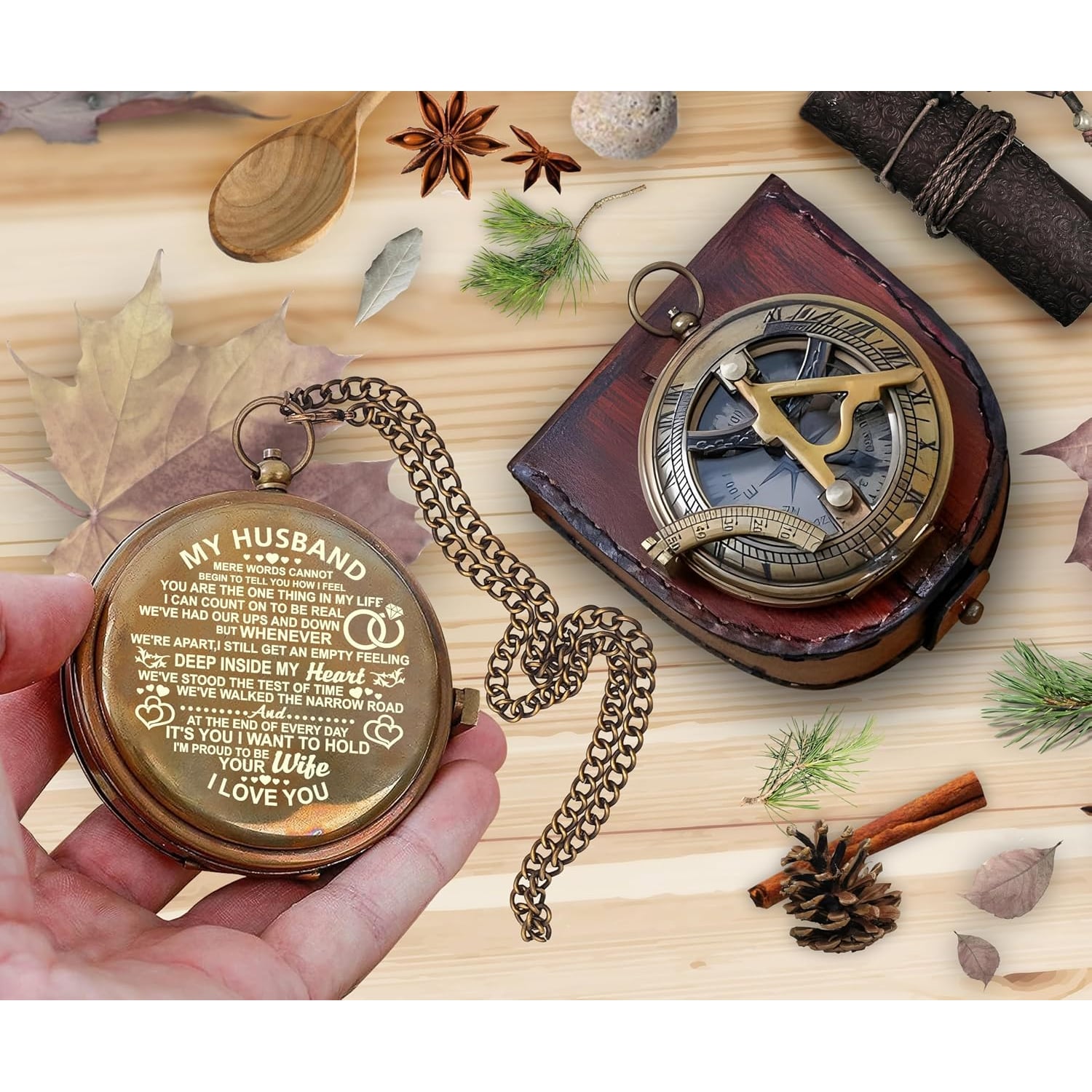 My Husband Engraved Sundial Compass with Leather Case: image 3