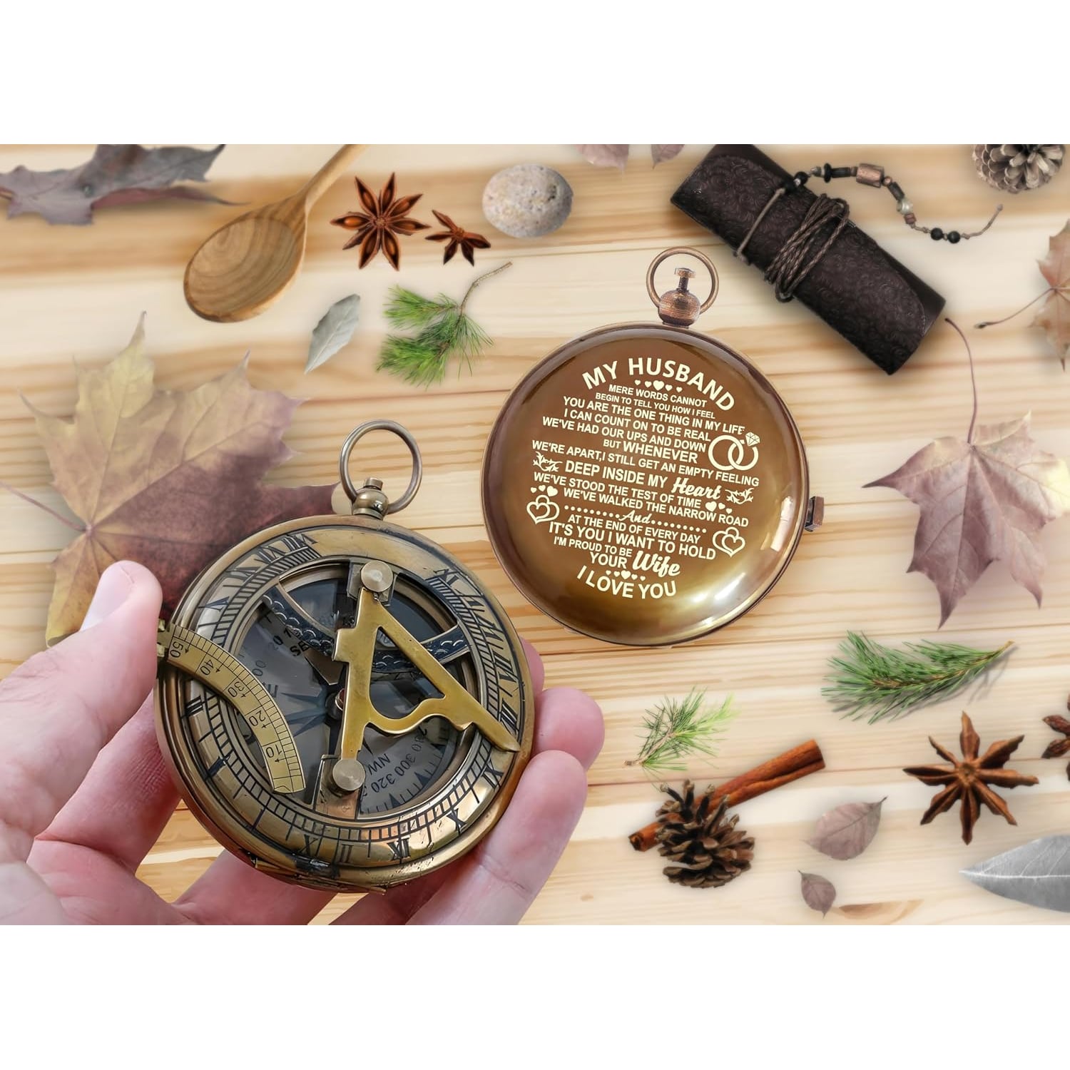 My Husband Engraved Sundial Compass with Leather Case: image 4