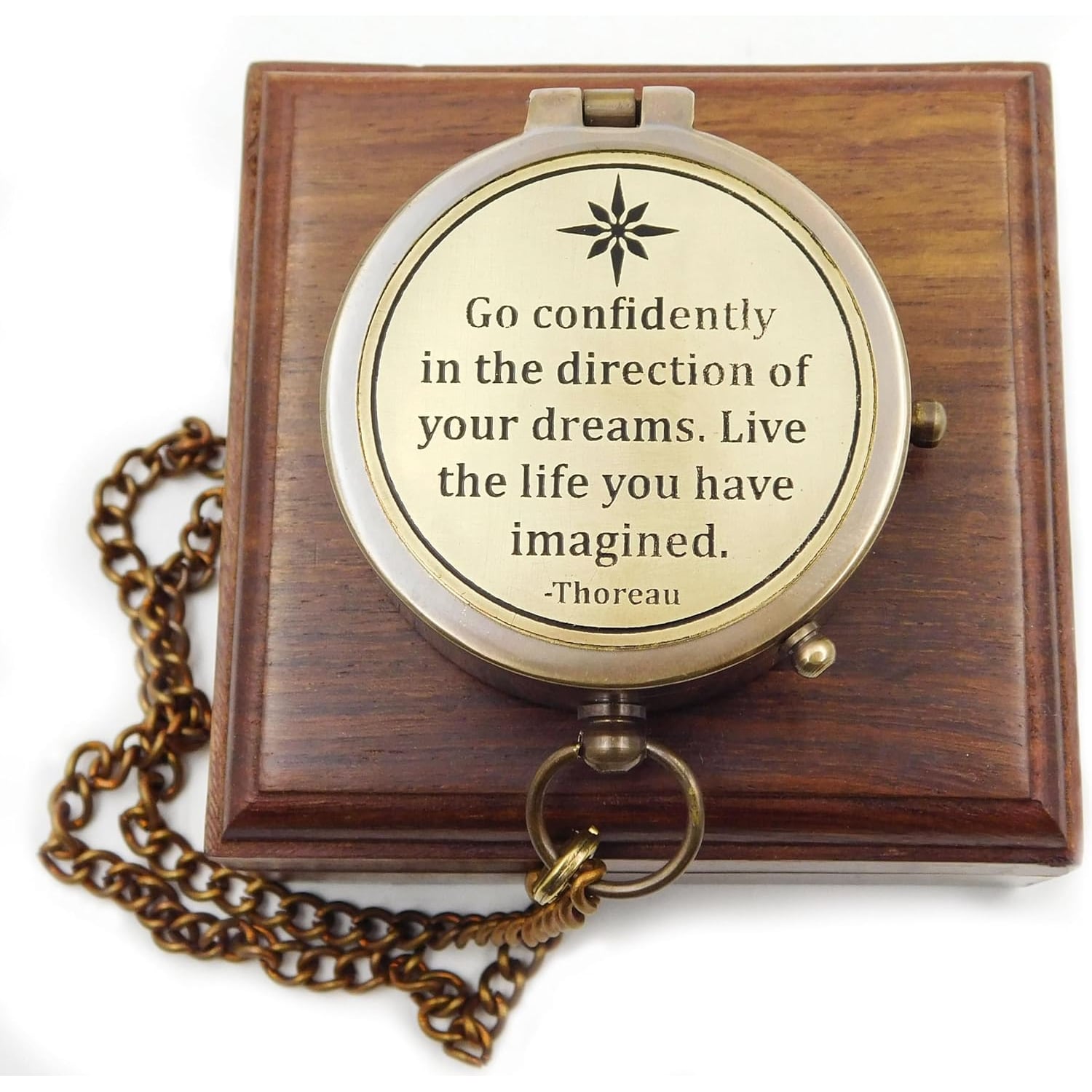 Thoreau Quote Engraved Brass Compass with Wooden Gift Box