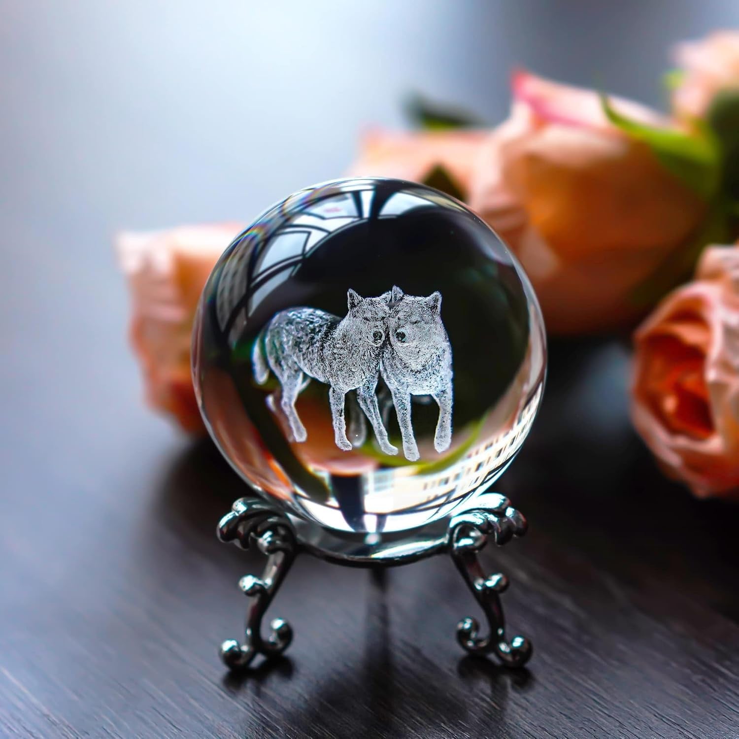 Wolf Engraved Crystal Ball with Metal Stand: image 2