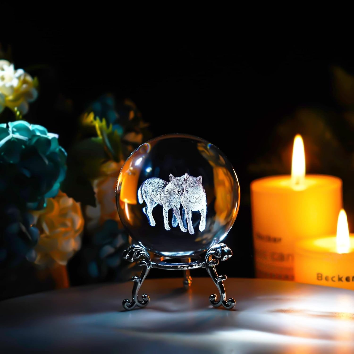 Wolf Engraved Crystal Ball with Metal Stand: image 3