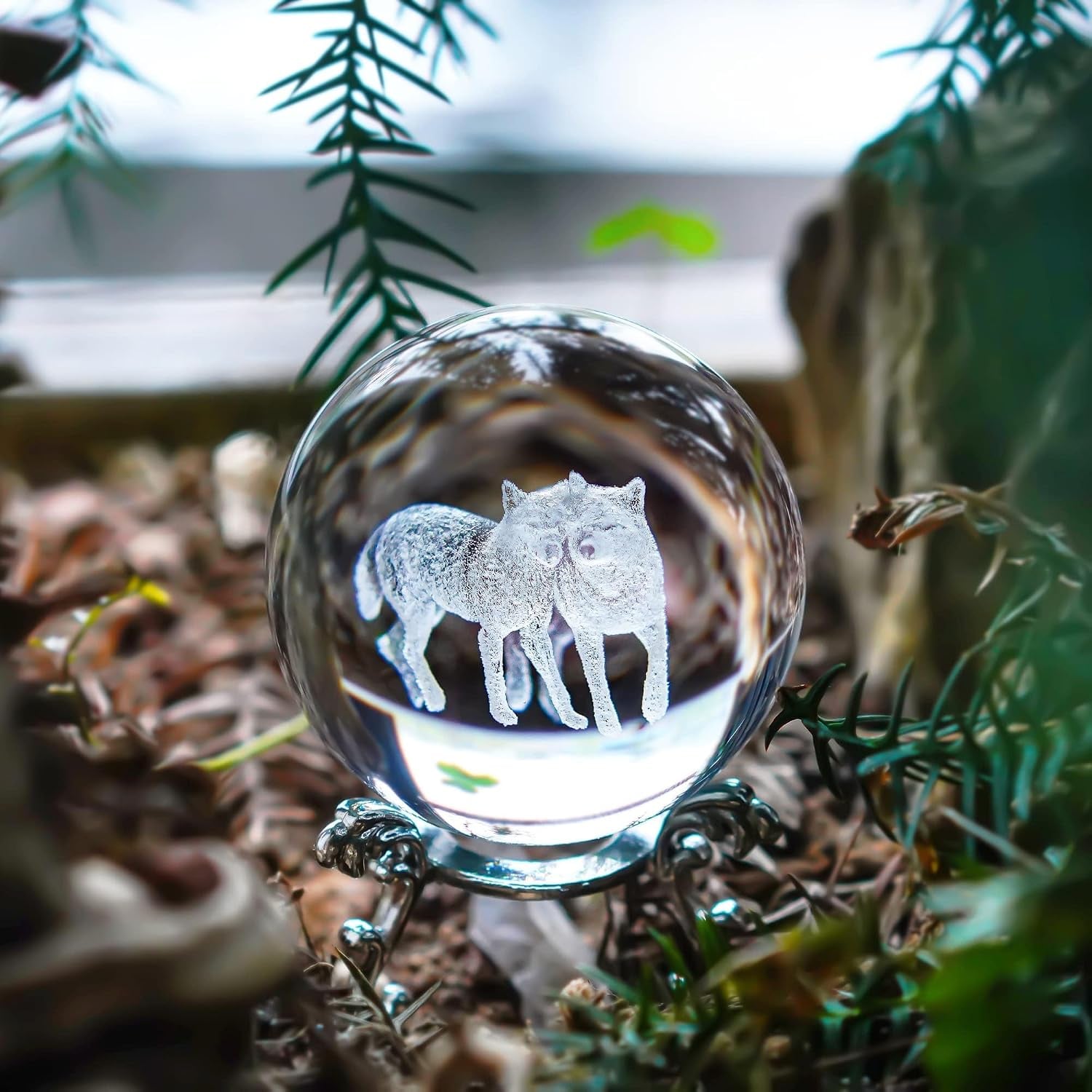 Wolf Engraved Crystal Ball with Metal Stand: image 4